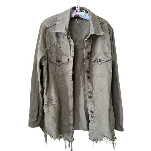 Free People Moonchild Distressed Denim Olive Green Raw Hem Jacket | Size Large - Picture 3 of 8
